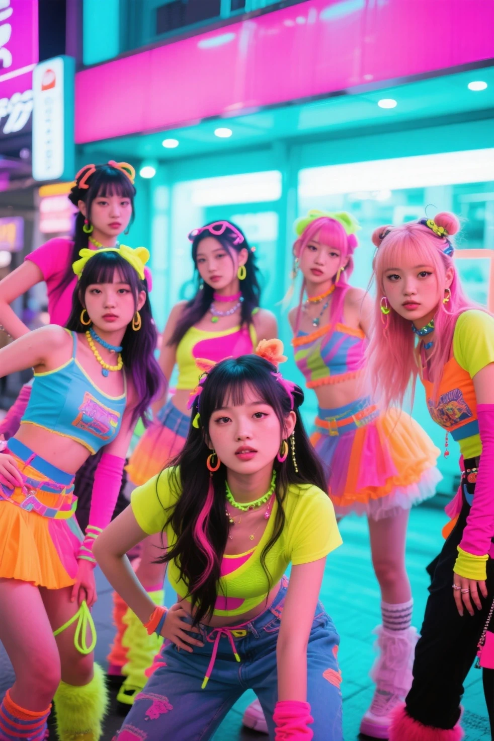 Two beautiful girls with colorful hair and makeup pose for a photo., Hyper colors, colorfully]", Harajuku Hair, Colorful photos, Crazy colorful makeup, Very colorful., Anime style mixed with Fujifilm, intricate detailed, Portrait of a female man, very high details, 8k, UHD, hyperdetailed,
