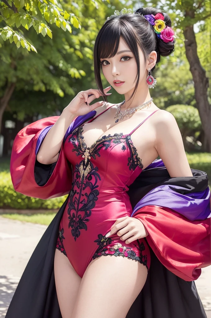 (masterpiece:1.4), (best quality:1.4), ultra high res, ultra high resolution, ((detailed facial features)), HDR, (realistic, photorealistic, photo-realistic:1.37), full body, sexy Vietnamese model, (-anime), only 1 model, vivid colors, very short hair, (beautiful smile), lip-gloss, long lashes, defined eyebrows, wearing large sparkling colorful jewelery, wearing a red silk Paradise Kiss cosplay dress with black floral embroidery, ((long fur vivid colors outfit)), vivid colors, look at the camera, cinematic light, large park background with trees, sweet and sexy pose