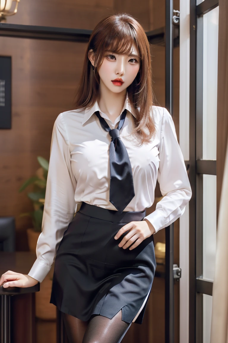 (masterpiece, best quality:1.2), solo, 1girl, blush, smile, looking at viewer, pants pull, clothes pull, undressing, hair between eyes, suit, necktie, black pants, panties