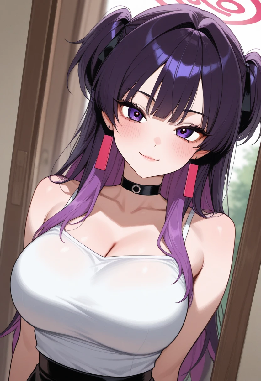 (obra maestra, calidad superior, mejor calidad), 1girl, purple hair, choker, cute, shy, smooth skin, silver eyes, sitting at a table, cosplay clothes on the table, pink tight clothing, sign on hand with text "Tiendita"