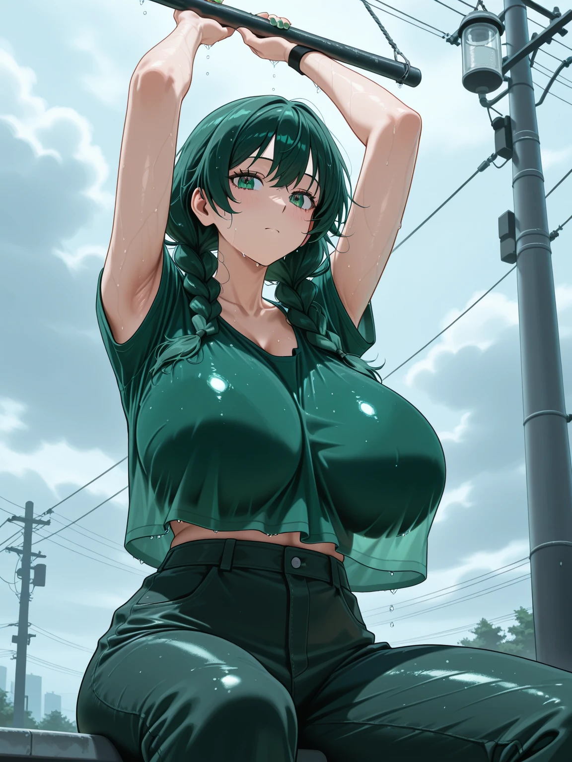 (8k, highest quality, masterpiece:1.2),(highest quality:1.0),超High resolution:1.0, Very detailed, give, 4K, Absurd, High resolution, View your viewers, Exposing shoulders, lips, parted lips, smile, Medium chest:1.3, Medium Full Shot, sunset, Evening sky, Wind, Wind:1.2, Mature Woman, Medium Hair, Aqua Eye, Green Hair, Casual clothing, Wear a cardigan, Medium Full Shot, Cowboy Shot, Parted bangs, Show your forehead, from the front、Nipples are visible