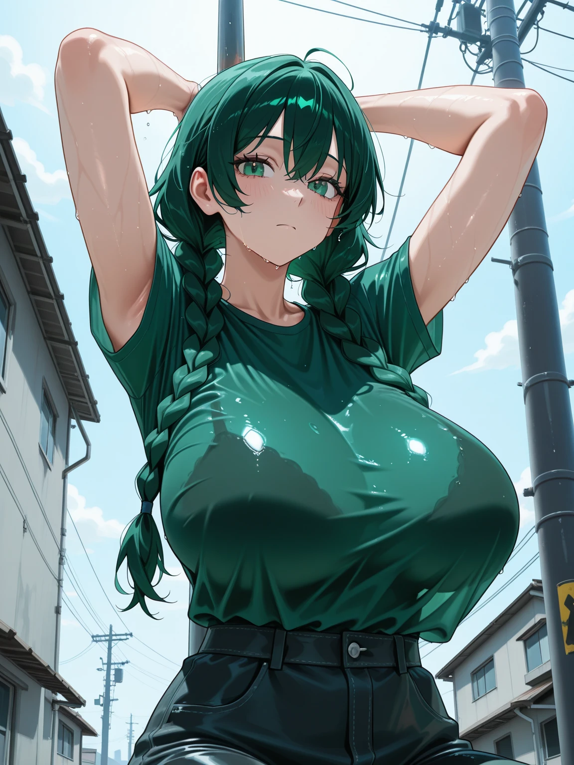 masterpiece, best quality, ultra-detailed, Potrait of beautiful , (chubby) (sexly), (plump), (cleavage), (sexly), ((tomboy)), (アニメ), (Saggy breasts), (Plump), (boyish), (muscular), (naughty), (young), (overweight), (Green Hair), (pudge face), (cute), (sexly), (Green Hair), (Nude), (Big Areola), ((thick)), (sexly), (Nelliel), (yellow eyes), (Torn Clothes), (cool), (Mature), (Being Calm), (Expressionless), (The areola is slightly visible through the clothes)