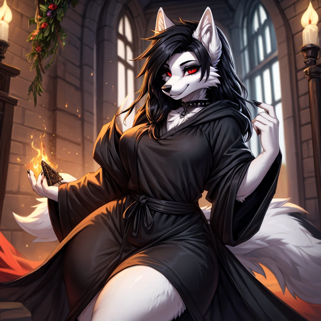 score_9,score_8_above,score_7_above, fountain_Cartoon, kemono style, Furry Hellhound Den, Loona de Helluva Boss, hairy body, white eyes, red sclera, It seems serious, Wearing a sexy nun outfit, Now he has, nun dress, exposed leg, praying, standing, in a church, vagina, tits.