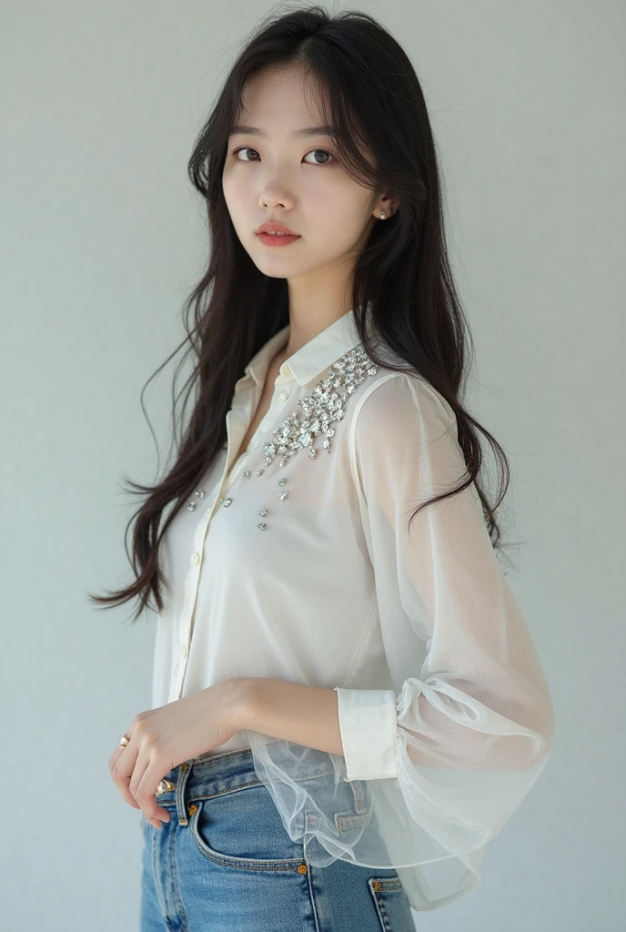A close-up portrait photo of a young female instructor with long, black hair, giving a lecture in a bright and clean room. She has an exceptionally beautiful and adorable face with a smile that expresses kindness and calmness. She is wearing an elegant, stylish blouse. The background features minimalistic, modern decor, creating a professional and inviting atmosphere.