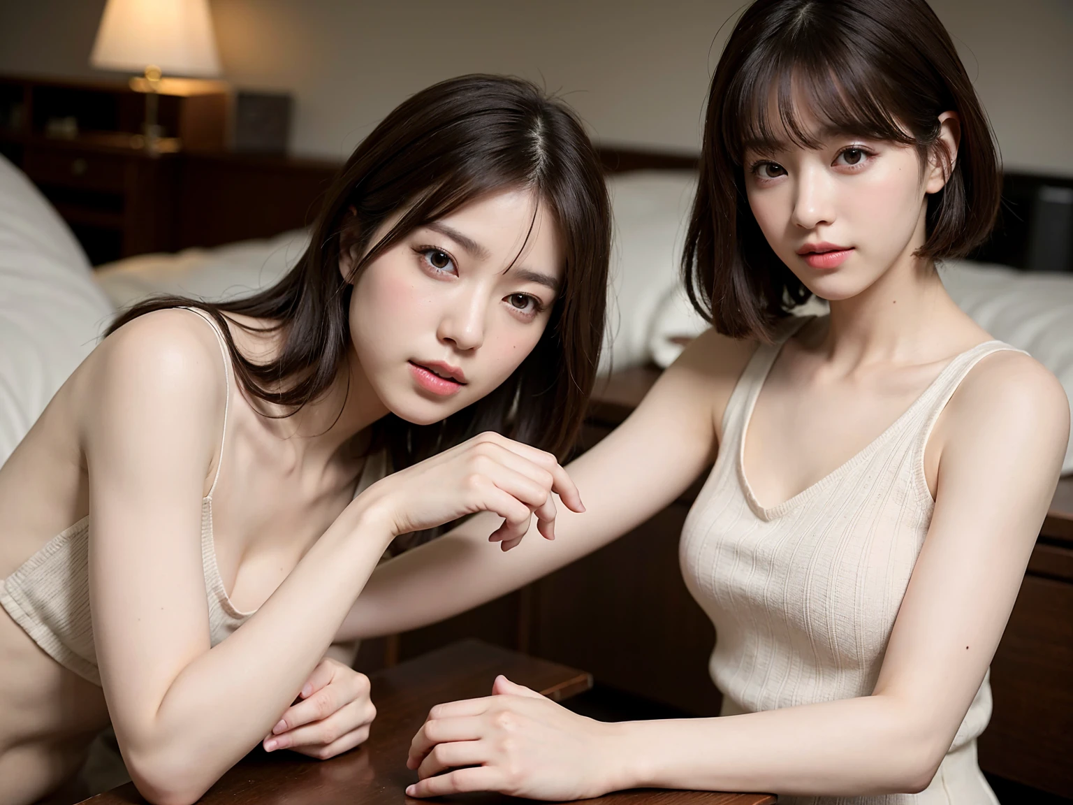 (Best quality,8k,high resolution,masterpiece:1.2),Digital Artwork, A girl,Delicate face,Delicate eyes,Dark brown hair,Straight Hair,Shining amber eyes,Red lips,Tracksuit ,sleep,Slightly blush,in love,On the bed,躺在On the bed,(HD skin),Cleavage,Shallow depth of field,Warm colors,Two-color light