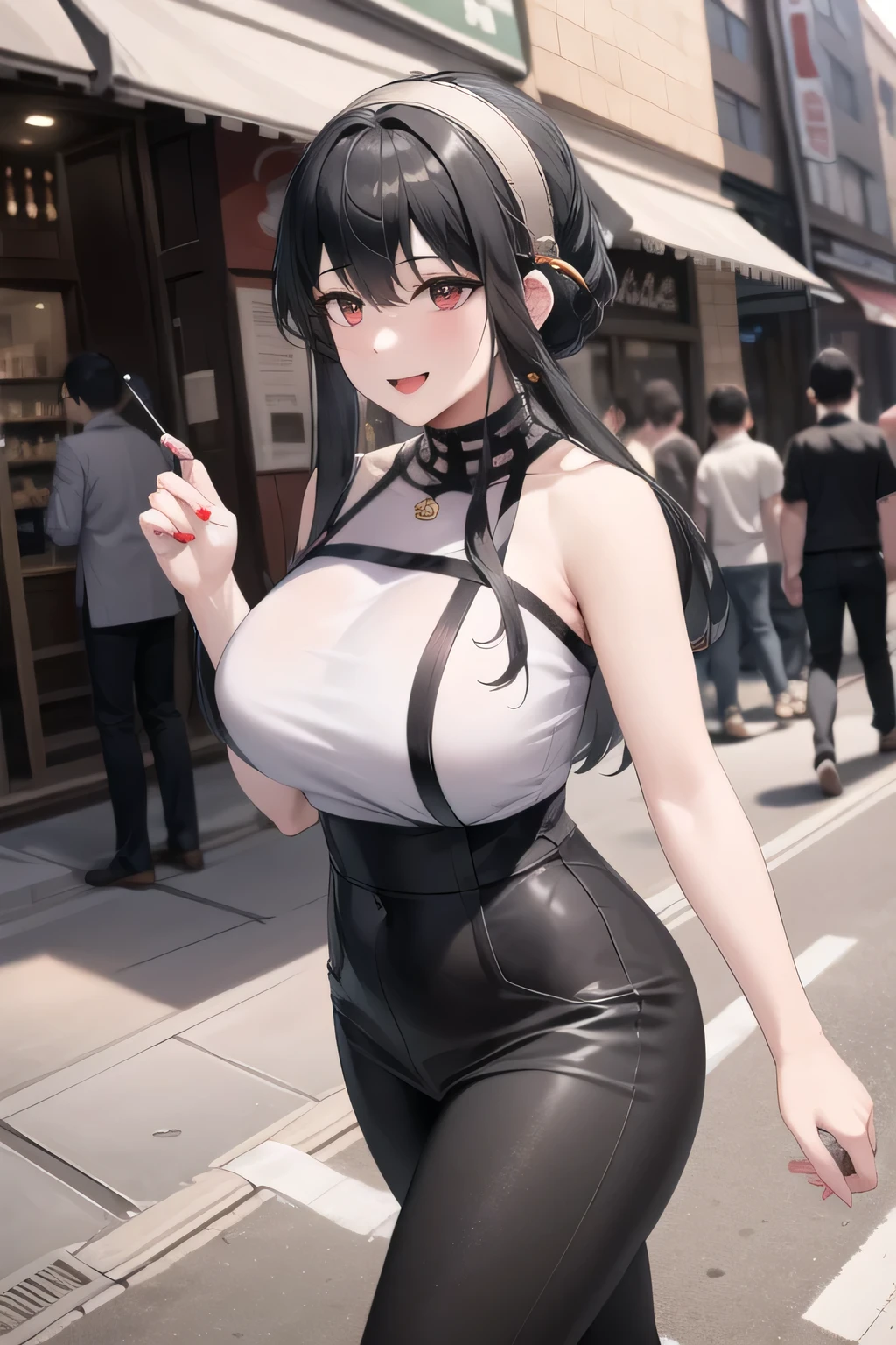 woman with long black hair,I'm wearing a hair band on my head,can you draw a 20-year-old woman with a nice smile,A face is absolutely necessary, city tour ,Walking around the streets of Harajuku,(((Please wear casual, fashion-conscious clothes))), long haired woman, , Big breasts, Thin Waist , , ,Faces are very important,Exact hand and foot representation,