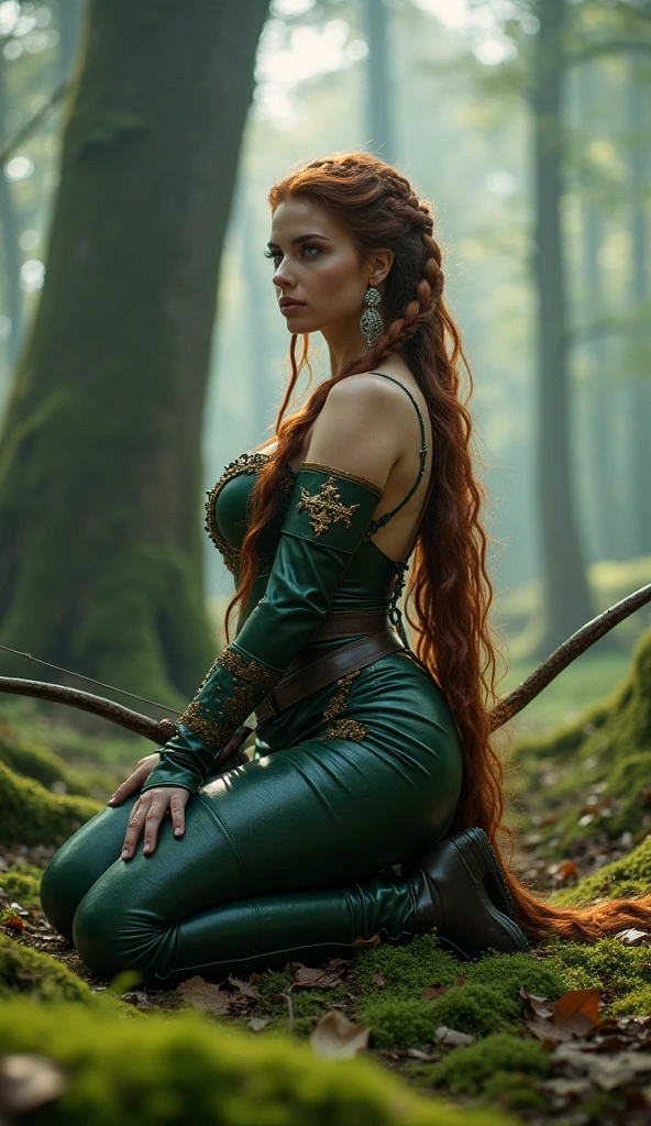 Best Picture Quality, Masterpiece Level, Ultra High Resolution, Realism, Fantasy, fulllength, A Girl, Single, Scatter, wood elf, in forest, midriff, crop top, thighs, ginger hair, braided hair, green eyes, butterfly wings, perfect face, perfect body, wings, perfect breasts, green outfit, high heeled boots