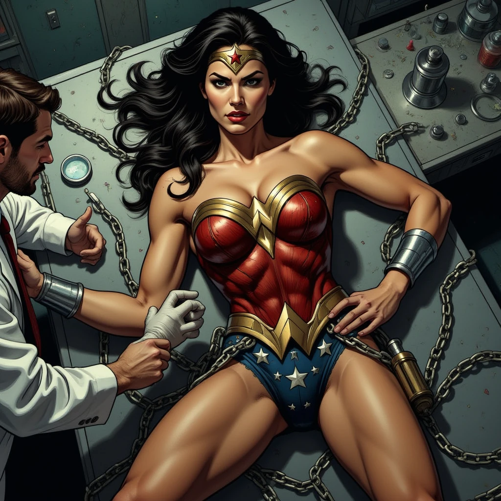 Wonder woman get enslaved by marvel Deadpool in room