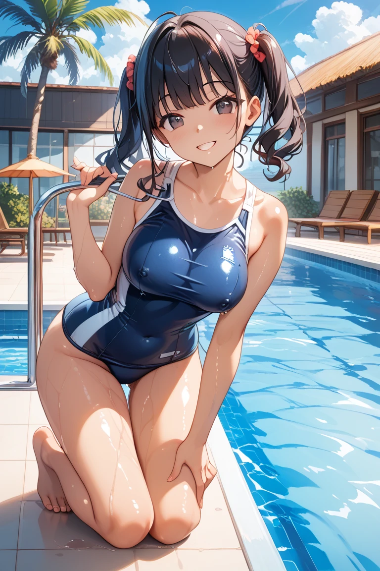 masterpiece、top-quality、Ultra-fine beauty、((((Simple Blue School Swimsuit))))、((((小柄、girl with)))、Side low tail hair、full bodyesbian、Wet、thins、hydrophobicity、Water repellent、Benevolent smile、 Cover under the chest、Small cleavage slightly visible、protruding nipple、medium breasts、Fishing eyes、Tight swimsuit、A swimsuit that sticks snugly to the skin、extremely wet、Very sweaty、frontage、Pour water on viewers