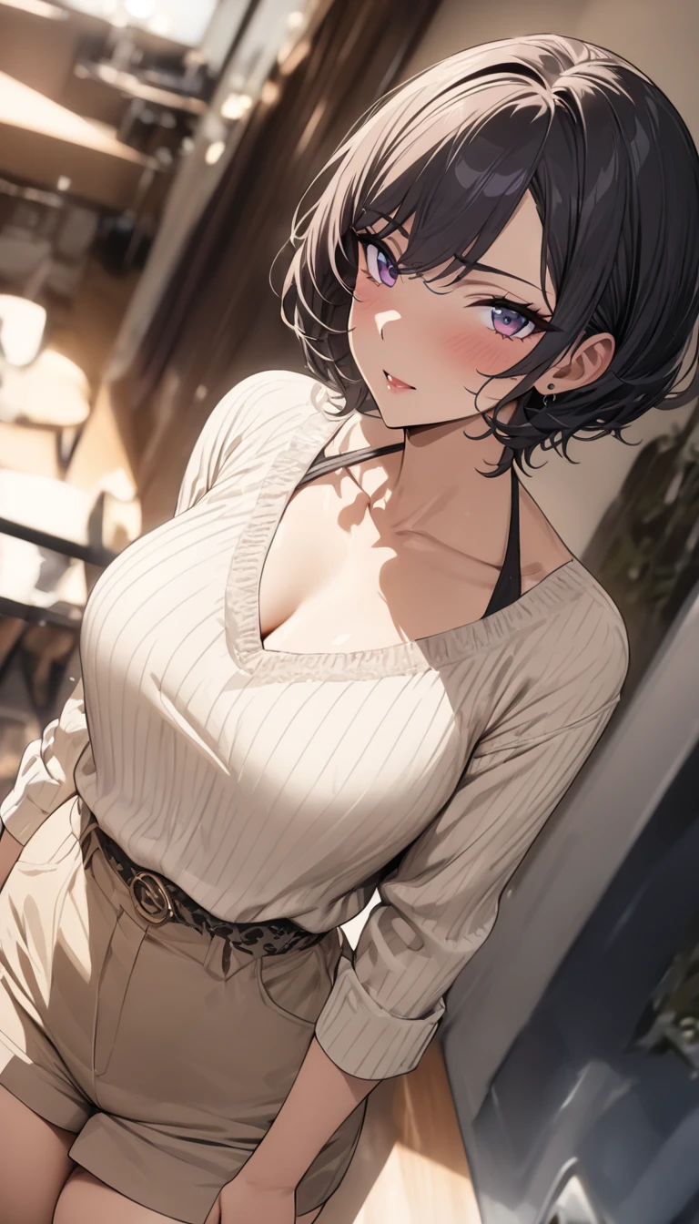 masterpiece, best quality, highres,st1, short hair, hoop earrings, black skirt, wristwatch, off-shoulder sweater, pencil skirt, collarbone, large breasts, cowboy shot, standing