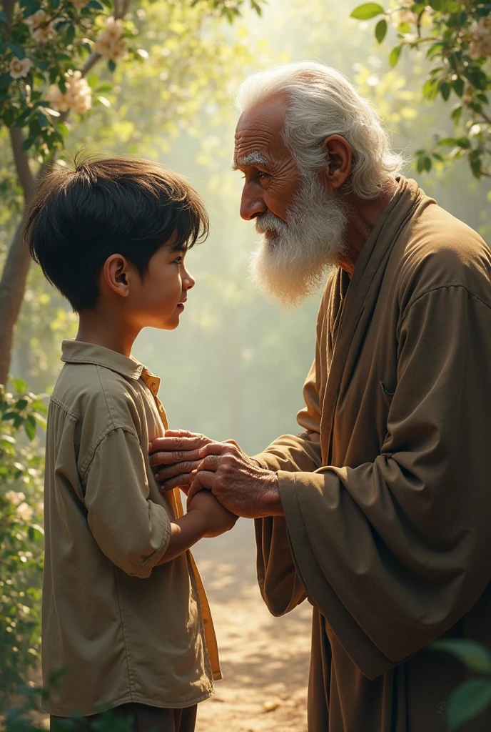 Illustrate the moment Arjun young boy in traditional clothes returns to the sage, holding the stone. The sage smiles warmly as he gently questions Arjun about the weight of the stone. Arjun, still catching his breath, nods with a look of realization dawning on his face. The scene should capture the quiet wisdom of the sage and the change in Arjun’s demeanor, showing his new-found confidence.
