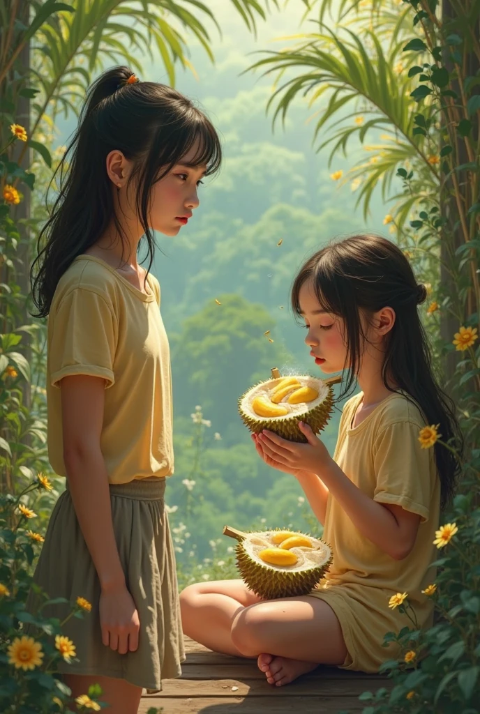 Some little queens, looking so pretty,realistic face,eating mango below the mango tree,they're in happy mood,