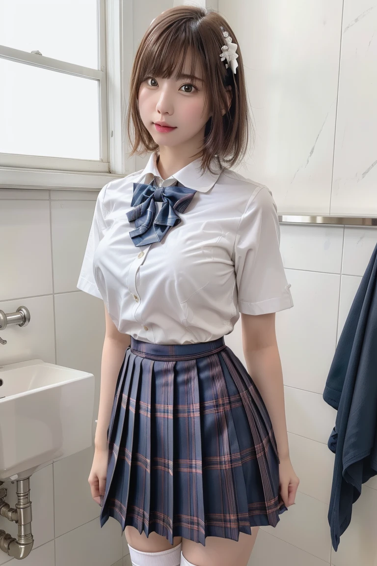 A cute high school girl has been and tied up and is confined to a room、Blue Skirt、White short sleeve shirt、