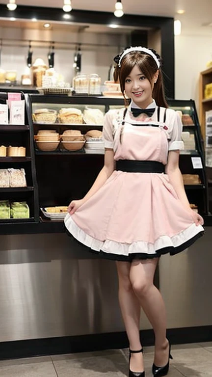 Fairy tale waitress idol、whole body、good style、、、apron mini dress、thick legs、、Inside the restaurant、pink hair