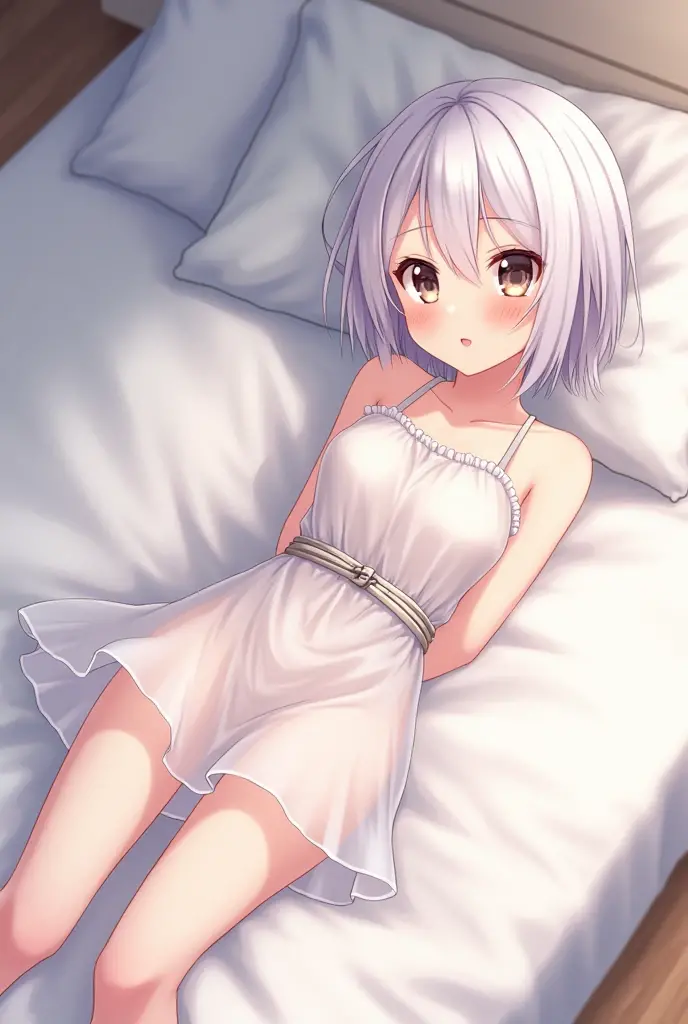 Anime shoujo,White transparent dress,White transparent stockings,white short hair,Shy,Small chest,No shoes,hands tied behind back,Lying on the bed