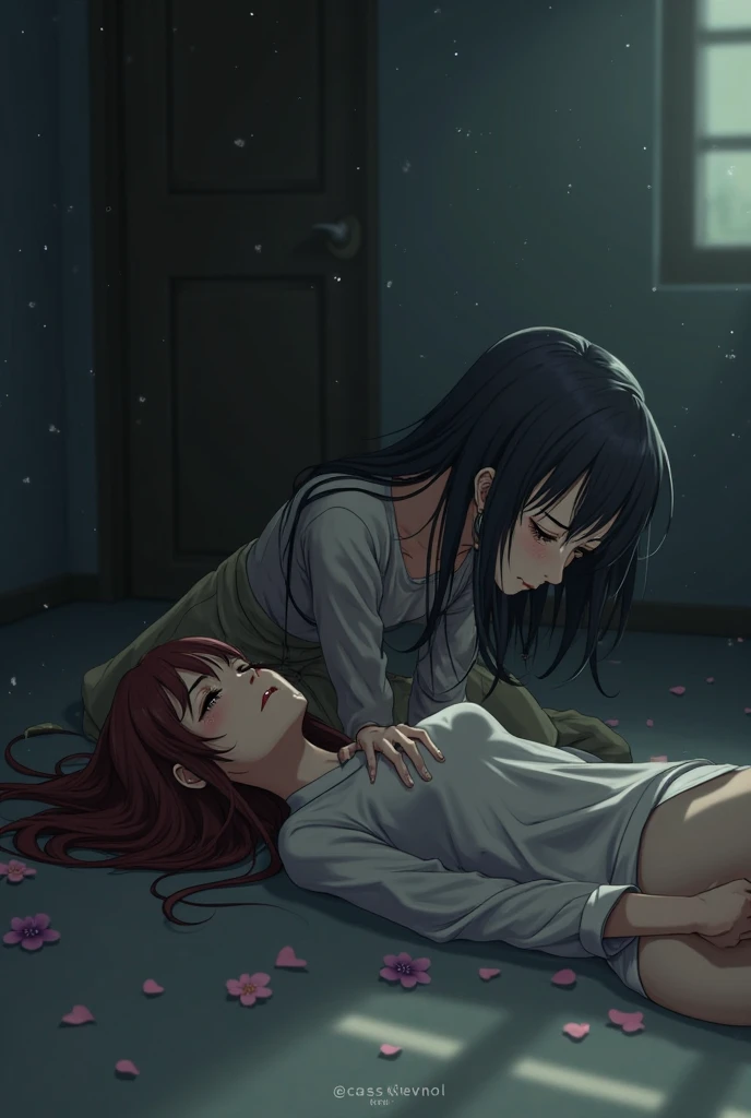 woman, tears from the eyes, with very short orange hair, gathered in a small ponytail and green eyes, in a grey T-shirt and grey pants, holds an unconscious woman in his arms,, closed eyes, with black long hair in a white T-shirt and a blue long skirt, clothes covered in blood, face in blood, the clothes are torn in places, wounds on the body, a lot of blood, It's all in the blood, anime art, masterpiece, realistically, professional quality, super detail