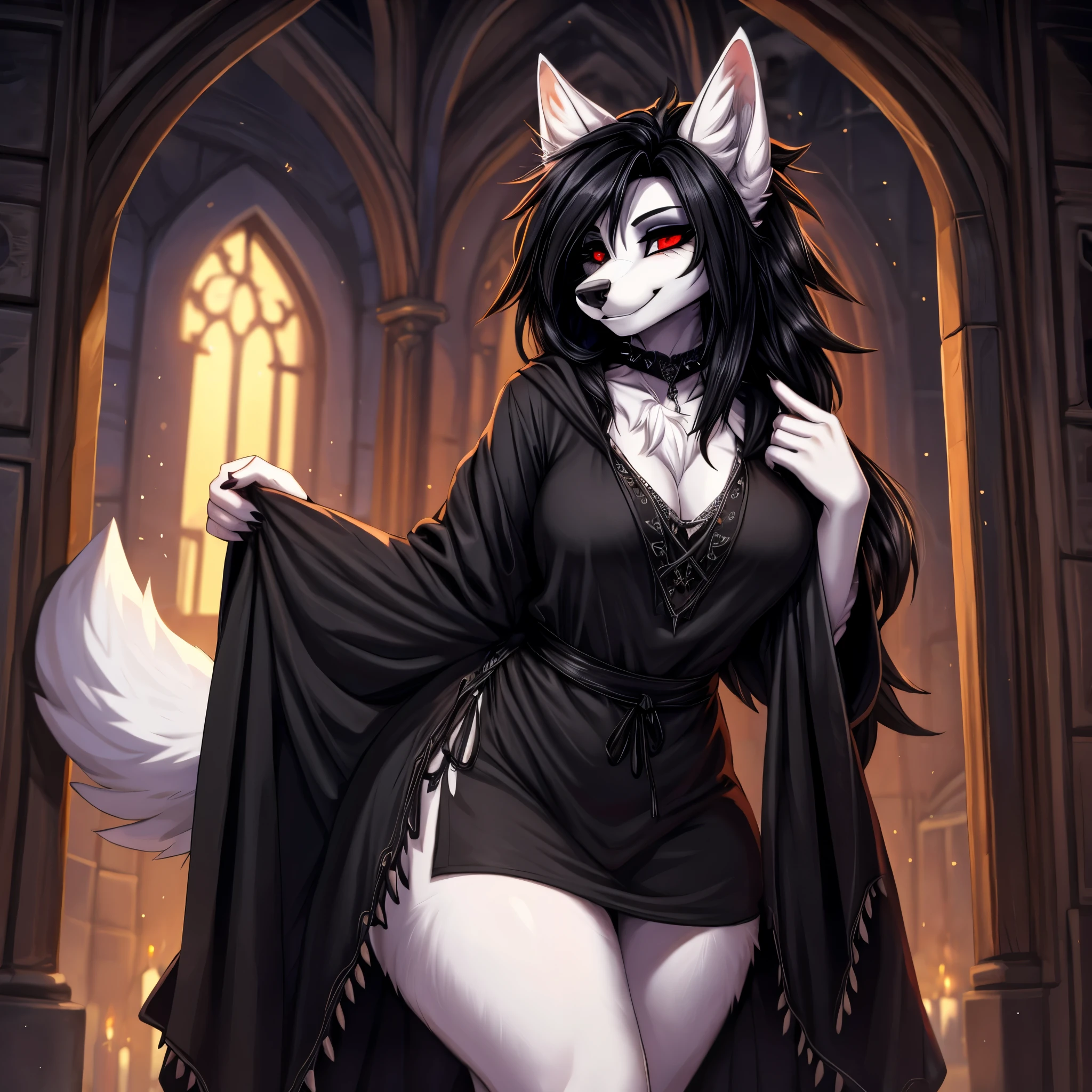 (medium portrait:0.7), (best illumination:1.1), (long black hair:1.1), (purple eyes:1.1), 1girl, teen girl, black fox-ears, black fox-tail, evilish serious smile, black dress with white details, small breasts, sitting on a stone throne, purple starry sky in background