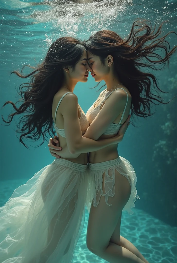 (masterpiece, best quality: 1.2), ultra detailed, highest detail, two women, fully nude, underwater, 18 years old, large breasts, nipples concealed, breasts touching, embracing each other, vaginas hidden