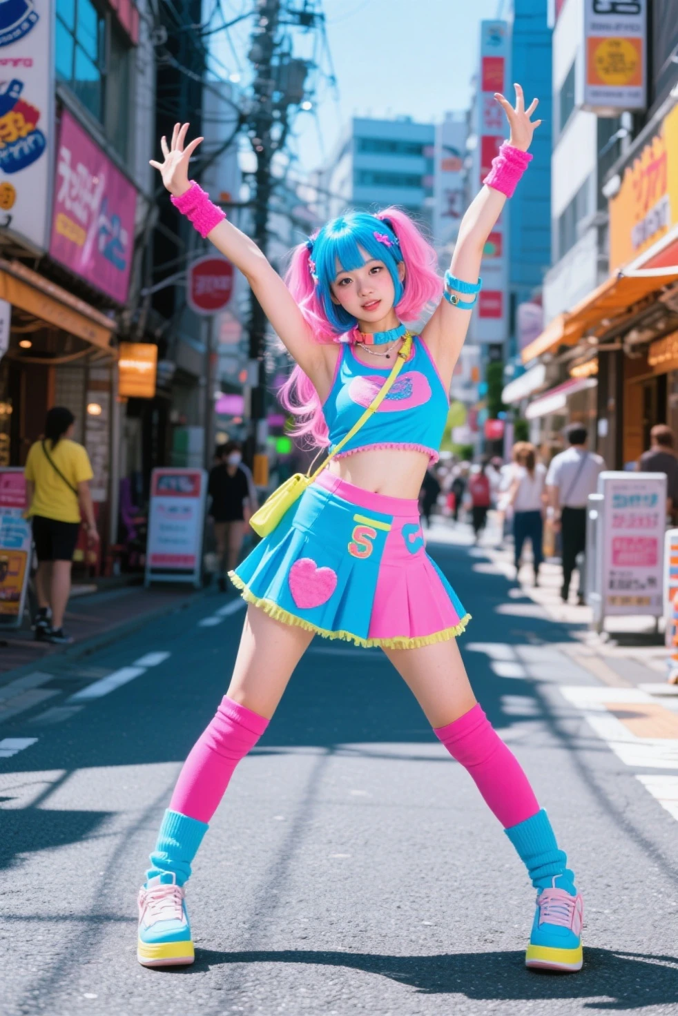 infp young woman、Good Style、Colorful hair、minidress、Idol face、large full breasts、、Shorts、Colorful tights、Junk Armor