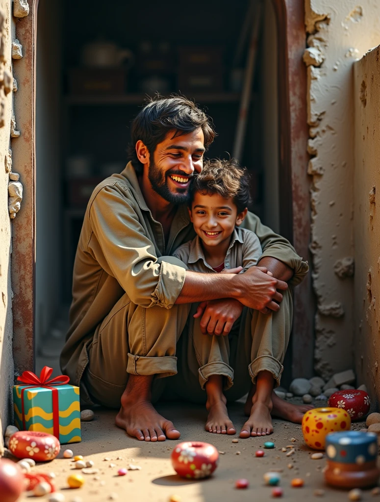 Best quality,8k,high resolution,masterpiece:1.2),Ultra Detailed,lifelike,Photo Realism,A man and a child huddled in a corner,A scene of happiness amidst the harsh environment in Gaza,A man in ragged clothes leads a poor child,Simple dress up,birthday celebration,warm hugs,Happy facial expression,Emotional connection,Detailed eyes and facial expressions,Vivid eyes,Shabby laundry,Scattered birthday items,Cracked Wall,Evoke a sense of warmth,Tenacity,Emotional Feeling,photography,HDR,Vivid colors,Soft lighting