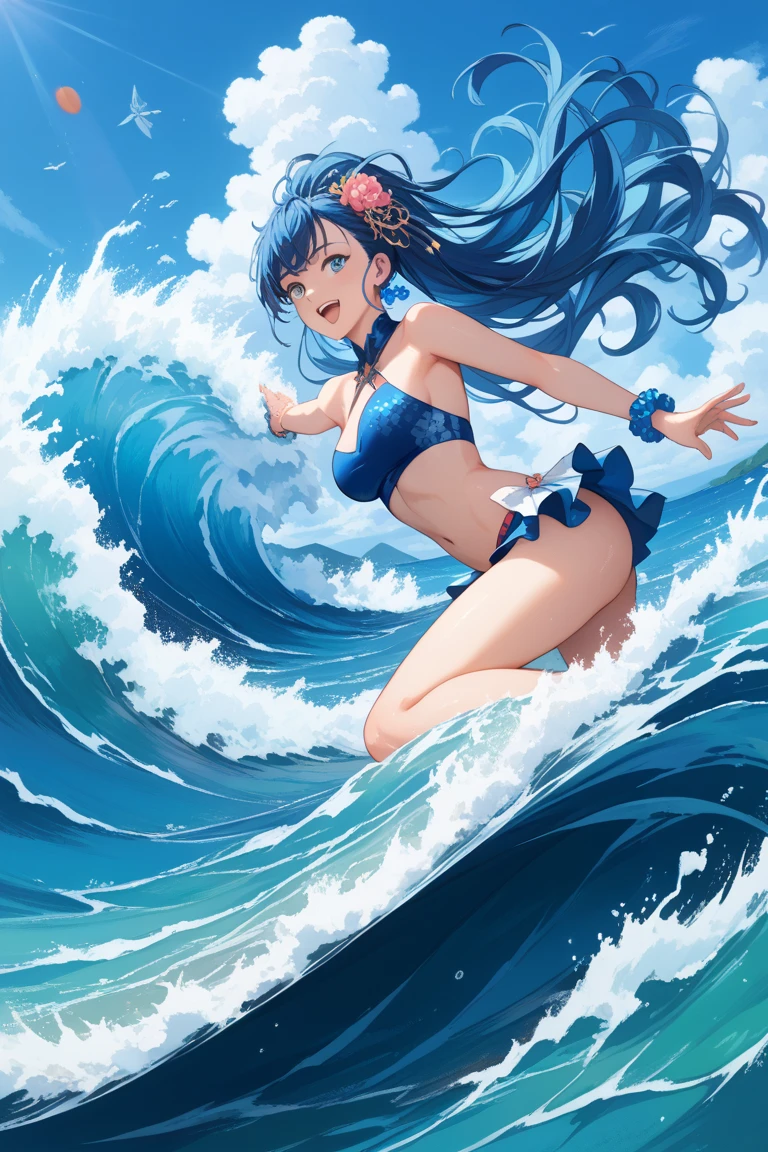 masterpiece, best quality, <lora:lilinaV1:0.9> sum_lilina, red bikini, navel, flower, head wreath, hair flower, thighs, stomach, <lora:Surfing:1> surfing, waves, barefoot, :D
