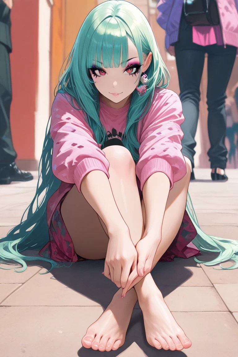 Peeing、Girl with long hair and underwear、A girl goes to the toilet、Look away、It stands、embarrassed from、Blushing、Green-haired purple eyes、Keep your mouth shut、A street(The girl is peeing):0.4)、Liquid in pants