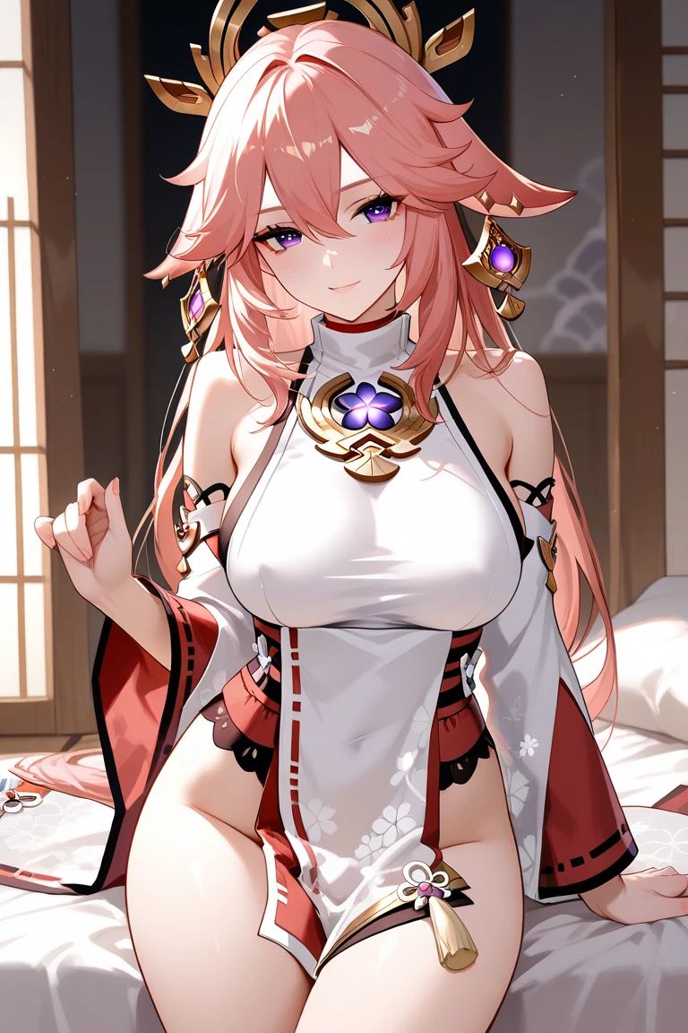 masterpiece, best quality, high revolution yea miko genshin impact, korea girl, eyes wide open, pink hair, black bikini, armpits wrinkles, sweat, beautiful, big breasts, rise hand, smooth skin, pink eyes, sexy, show armpits, sexy armpits