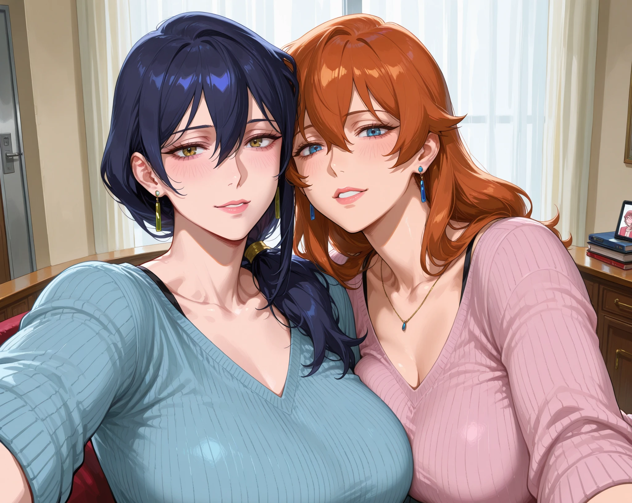 tmasterpiece,best qualityer,Absolutely beautiful,Threesome,Two mature women and a woman undressed (Very little:1.2) Boy,on top of the bed, Mother and son hug,hugs,huge tit,Stroke the chest,ssmile, ecchi anime style,
