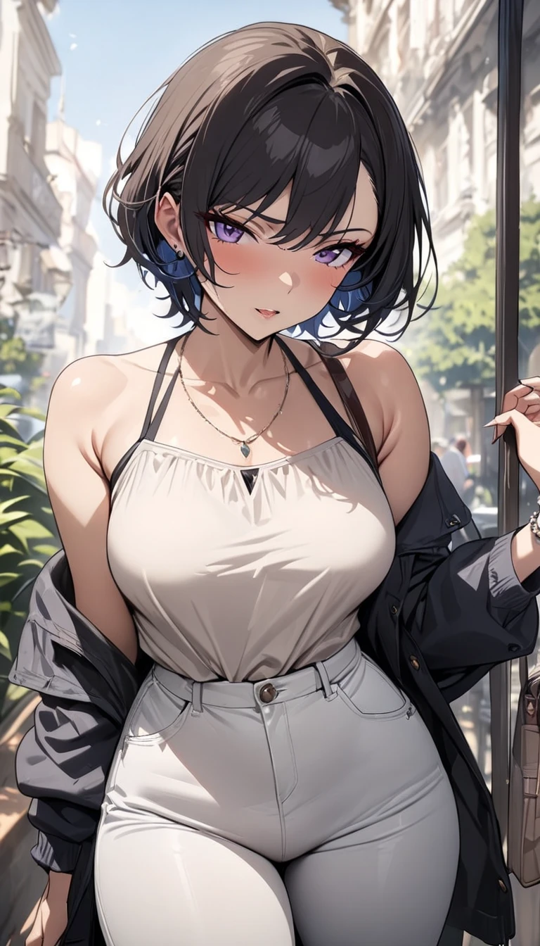 (8K、Highest image quality、highest quality、masterpiece)、detailed face、1 girl、black hair、((short hair))、((long neckline:1.2))、gray eyes、evil smile、earrings、Moderate chest、white tank top、denim long trousers、cowboy shot、city background