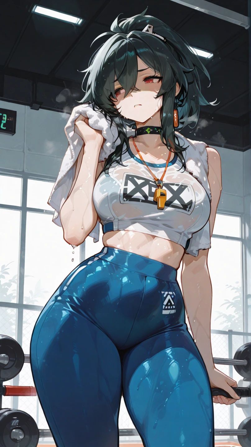 anime woman, Tall mature anime woman, gigantic breasts, exposed breasts, very wide hips, enormous buttocks, wearing a white sports bra, black tight pants, (exposed stomach), bare arms, long hair in a ponytail, full body, perfect face, facing viewer, beautiful anime girl, beautiful anime woman, milf, six pack, gym in background, gym equipment, ((holding a water bottle))