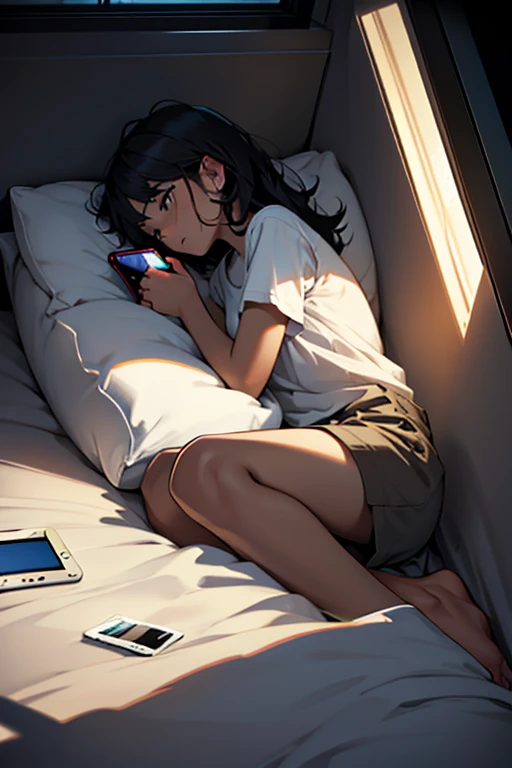 (unity 8k wallpape),(best quality),(high resolution),(ultra-detailed),(perfect anatomy),(beautiful detailed eyes),1girl,(Dimly lit motel room),((Sit on the bed:1.3)),Bedside table,((There are three one-dollar bills on the bedside table.:1.3)), BREAK Bought Girl,Unbelievable beautiful girl,15yo,blackhair,,Sailor suit,Navy Skirt,White socks, body,(Holding a smartphone in one hand:1.3),(Sit with your legs apart),(White panties),A tense look,Look down,The eyes are looking at me,Photograph the whole body, BREAK (On the table are three coins and a camera.),