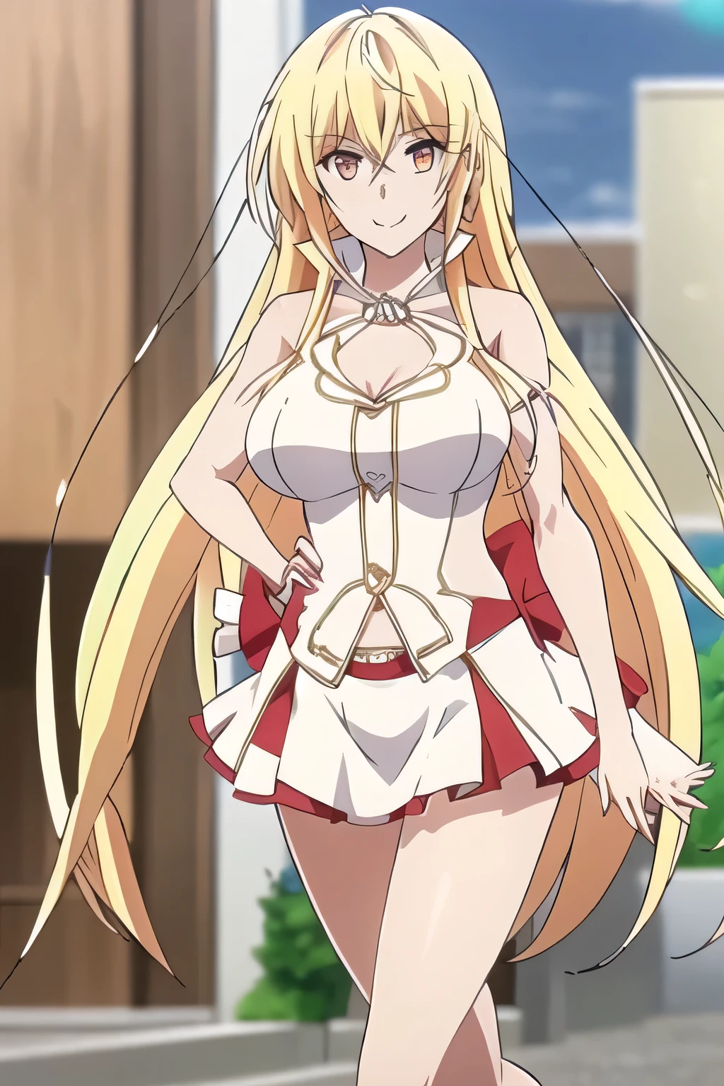 (highest quality, High resolution, 8k, masterpiece: 1.2), Very detailed, (Anime), Misaki Shokuhou, orange eyes, (pupils sparkling:1.2), Beautiful character design, Perfect eyes, Perfect face, Expressive eyes, Perfect balance, smile, blonde, Long Hair, large medium breast, (microdress, blushing, nightclub, smile:1.2), (cleavage:1.0), looking at the camera,(cowboy shot), The gaze camera focuses on the center of the image,