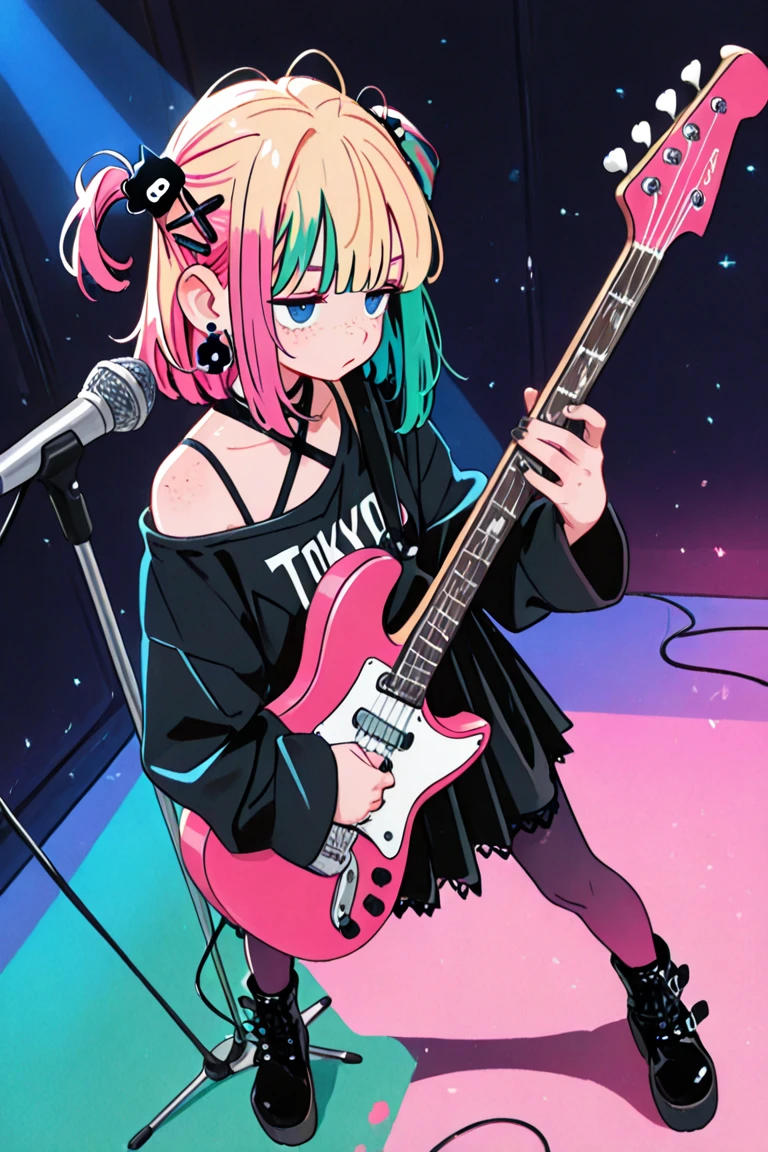 anime girl with guitar in a messy room with a tv, 8 0 s anime vibe, in the art style of 8 0 s anime, Improvise music, 8 0 s anime style, 8 0 s anime art style, rocking out, low res, 90's anime style, 9 0 s anime style, anime vibes, Double ponytail blast-headed girl, ear studs, Punk girl, messy rooms, Normal limb proportions, Stack socks