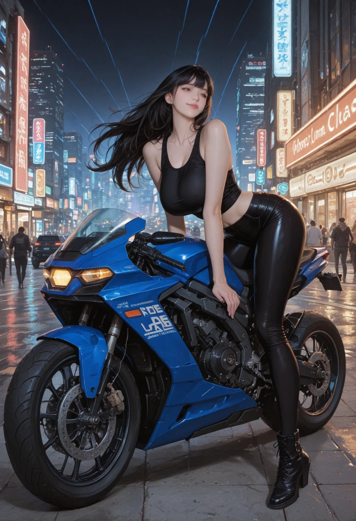 The Art of Digital Cyberpunk, Girl in Mecha Cyber Armor, cyberpunk beautiful girl,((Lots of accessories))、The wind is blowing、Well-formed face、Girl 、barechested、((Nothing is worn))、fullnude、Nakedears o8Head and body、a small face、A slender、Very skinny、skinny、tiny chest,Ribs、discreet breasts、Smaller chest、its、beauty legs、Constricted t、dented belly、Model body type、Beautiful hair、Backgrounds that look like real photos、(((NSFW)))、outside of house、(Thigh strap for only one leg)、Happy face、((The view is amazing.))、Show to a very large audience、A smile、Near Future Cosplay、NSFW、Direct sunlight、Gantz,GANTZ Suit、X-gun、knifes、In flight、Sky Fight、head gear