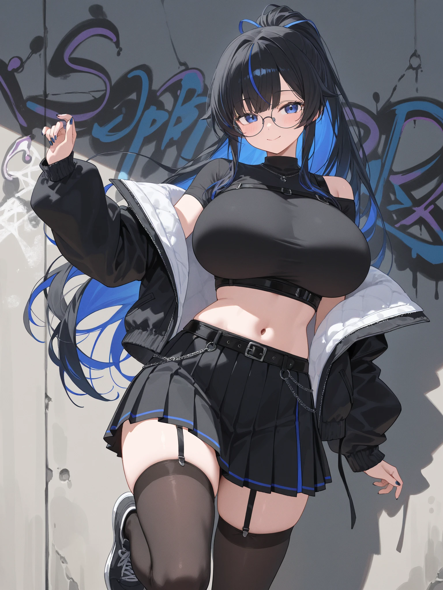 ((masterpiece)), (best quality), (detailed), (1girl), blue hair, blue eyes, updo, white shirt, black dress, looking down on the audience
