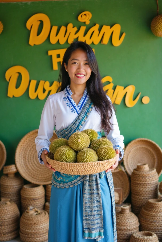 a woman aged 17 yo wearing a hijab with long dress, sitting in front of a table full of a variety of durian, some durians is cut in a half placed in the transparent plastic food container, the durians texture looks real, some durians placed in the bamboo basket, wearing apron a traditional batik from java indonesian, 4k photography, connections, evokes delight, flowermarket, artsation contest winner, stunning photo-quality, traditional market indonesian, 1024×1024
