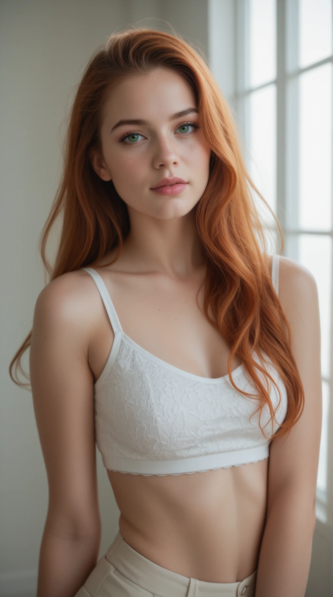 1 girl age 27, wearing short and tshirt, solo, aesthetic artwork, irish redhead, long wavy ginger hair, grayeyes light, some small freckles, pale skin, G-cup, huge breasts, slim body, runners body, (textured skin, skin pores:1,1), (moles:0,8), imperfect skin, (extremely detailed 8K wallpaper),soft lighting, high quality, film grain, fujifilm XT3 sharp focus, f 5.6, 50mm, high detailed, sharp focus, high detailed, complex details, background is bazaar