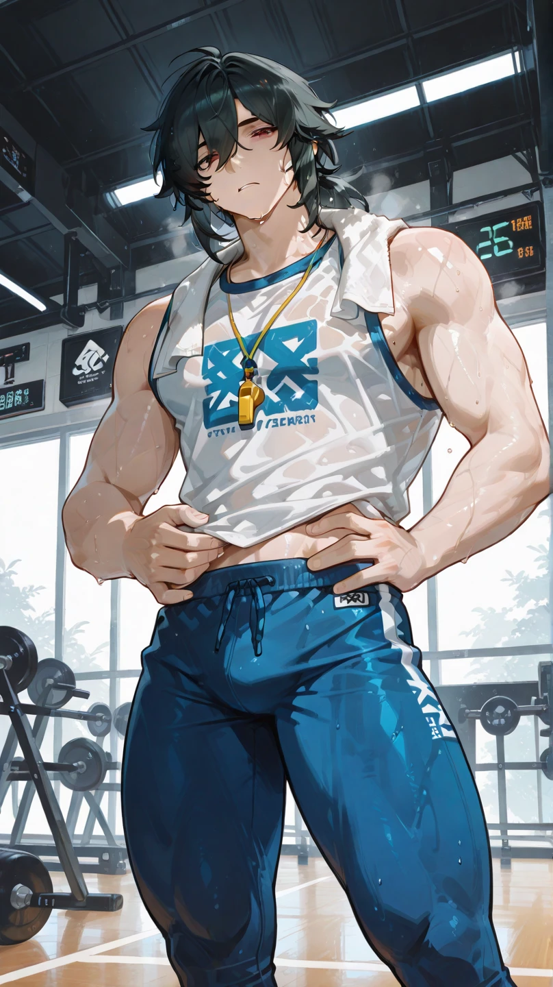 1 handsome man,Strong, big muscles, Gym ,White and blue t-shirt, adidas shirt, tight fitting shorts,
