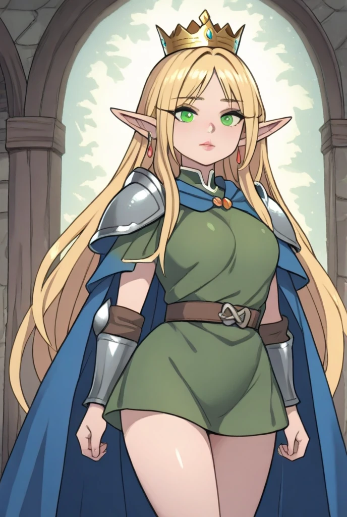 (masterpiece, best quality:1.3), Cheekie, 1girl, solo, looking at viewer, wide hips, mature female, closed mouth, seductive smile, large breasts, cowboy shot, muscular female, thick thighs,  <lora:Cheekie Style Lora:.9>, alleyne, elf, side braid, beret, cape, skirt, thighhighs, green footwear, thigh boots, midriff, cleavage   <lora:queensblade_alleyne:.8>