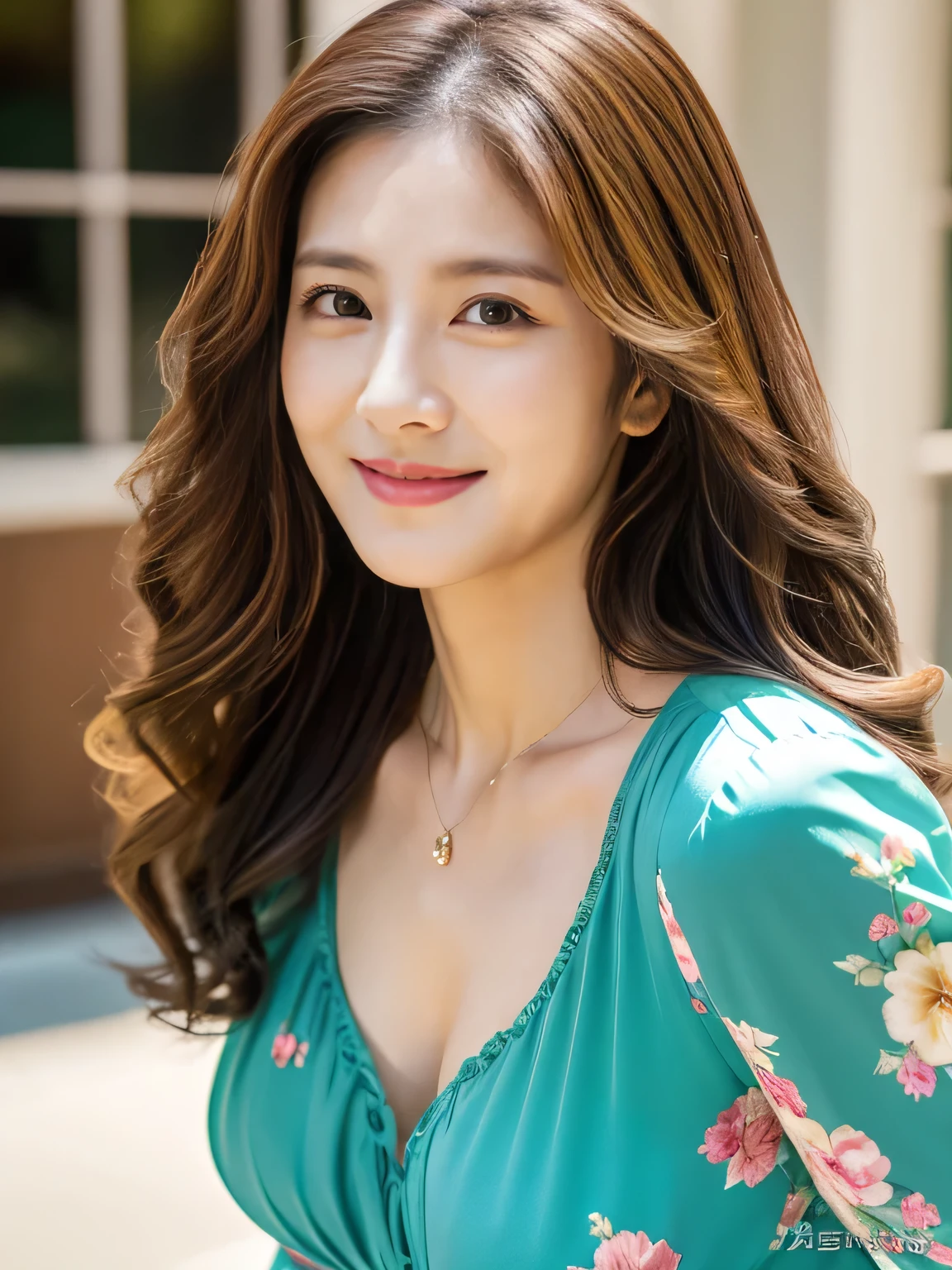 Realistic photos of Korean woman, White glass skin, Straight long red hair, Gold lace camisole vest, beautiful clear eyes,Green pupils, beautiful necklace and earringedium chest tight and Medium breasts, Delicate slender face,Bright and radiant smile, Lovely lips, thin makeup, Wearing tank top, pants, Standing in the park, close-up portrait, UHD