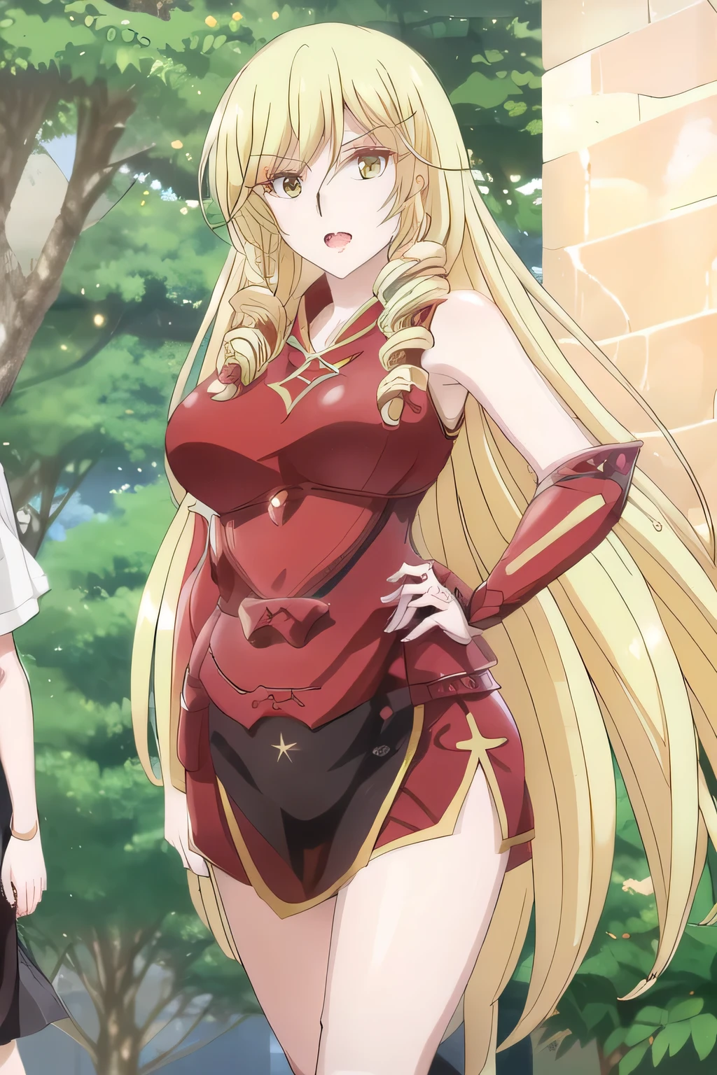 3 female students wear bare shoulders to school , Blonde beauty with long flowing hair and beautiful legs