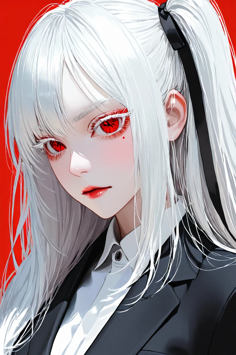 Camille is very white, with few scars on his face, His eyes are completely black and in the middle of his eyes he has a red x.
Her hair is long and white with black areas..
She's young.
She always dresses in a formal or elegant suit and always wears black gloves.