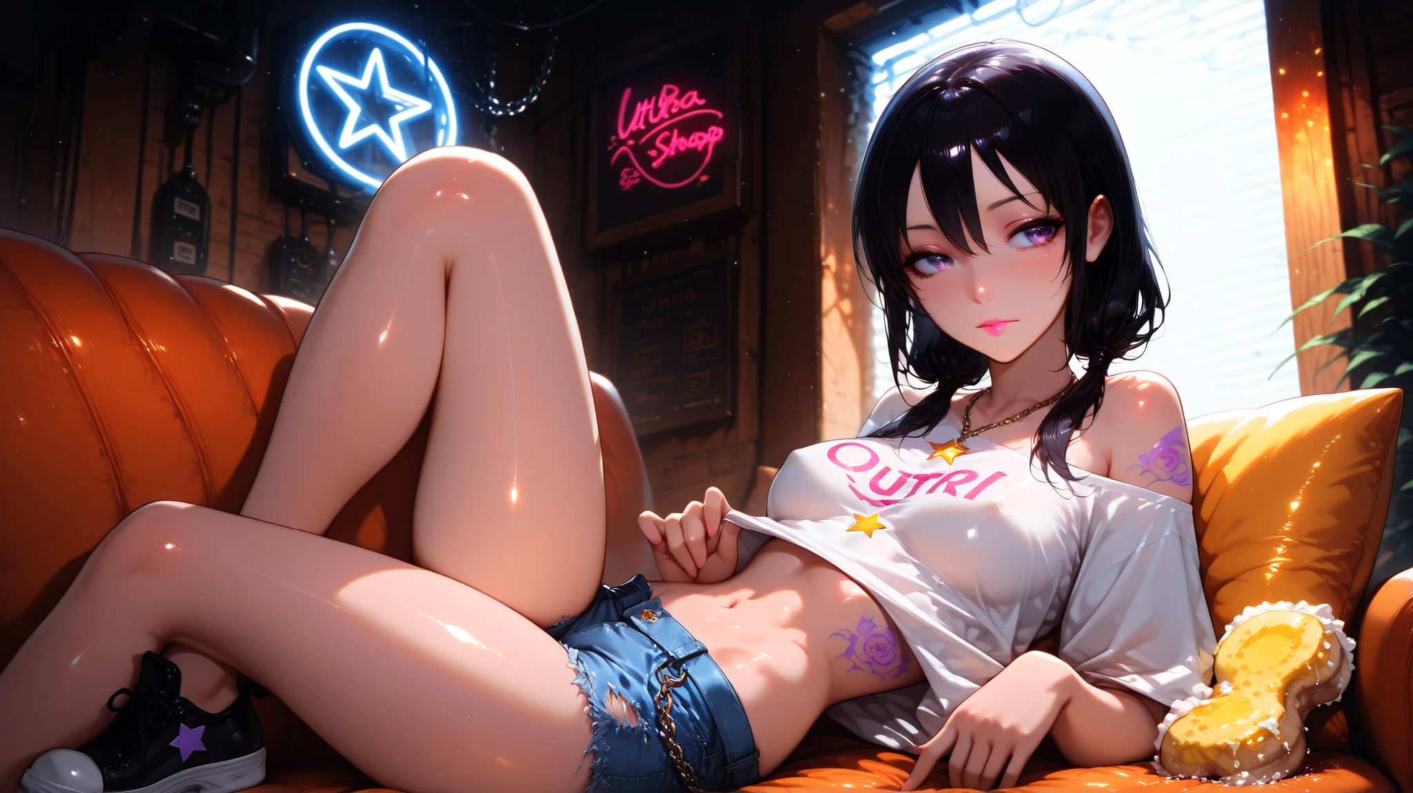 tamura yuri (watamote) reclining in a dimly lit environment, wearing a revealing outfit with intricate tattoos. the image also shows a beautiful young girl with pale skin ,illustration,Harajuku street scene, trendy shops, neon lights flashing, pedestrian traffic.a girl,slim, colorful double, delicate and petite face, fair skin, deep and agile big eyes, personalized eye makeup, bright pink lipstick, serious expression on her face. and her hair is styled in a messy, messy manner. Loose crop exposed short cartoon letter T-shirt, ripped denim shorts with metal chain and colorful cloth strips, thick soled sponge shoes, multi style necklaces, colorful wristbands and rings, trendy and personalized atmosphere, with some objects visible in the background. the style is detailed and semi-realistic with a focus on the character's expression and the texture of her outfit. 1girl, solo, unrivaled beauty, low twintails, hair between eyes, purple eyes, eyelashes, ufotable, star (symbol), a bare shoulders, light blush, medium breasts, black hair, shiny skin, looking to the side, half-closed eyes, skindentation, medium hair, slim hips, fit female, skin tight, light lips, vivid eyes, beautiful eyes, beautiful face, beautiful hair, (((best quality))),(((ultra detailed))),(((masterpiece)))