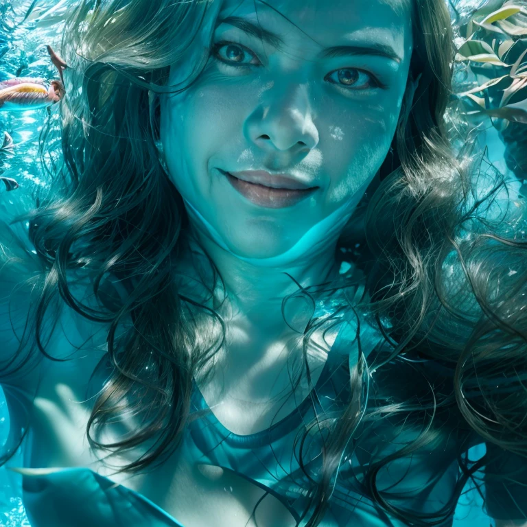 (((beautiful Girl+mermaids):1.2), Swimming in the sea, Blue water, beatiful lights, Sunlight shines in, Fantastic atmosphere, Beautiful colors, Graceful movement, Flowing hair, Soft expression, Fantastic sight)