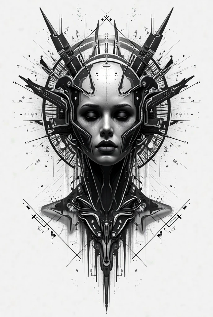 (Masterpiece, Fractal theme: 1.8). Mockup, female cyborg, Artistic stereoscopic measurement, Math, Artistic fantasy, Art Flower of Life sacred geometry, Sparks and surges, Sticker, Vector t-shirt art design, Prepare for printing, white bg, vibrant, Thin outline lines of absolute black, Detailed, Sticker