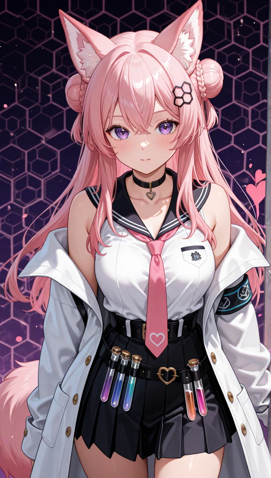 NIIGAKIHINA, PURPLE HAIR, TWO-TONE HAIR, SPLIT-COLOR HAIR, PINK HAIR, BLUNT BANGS, VERY LONG HAIR, PURPLE EYES, large breasts, live stage, solo,