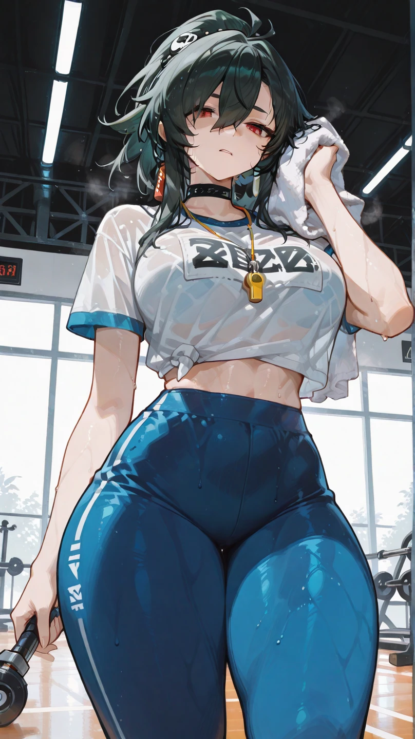 cowboy shot,zenin_maki,ponytail,glasses,bangs,green hair,brown eyes,large breasts,slender,(white gym shirt, short sleeve,gym uniform,dark blue buruma:1.3),(cameltoe:1.3), embarrassed ,blush,masterpiece,Noise Reduction,perfect anatomy,high resolution, ultra-detailed, ultra-detailed face,game cg,dutch angle ,beautiful detailed eyes,visualart,five fingers, perfect hands, perfect lighting, sparkling pupils,