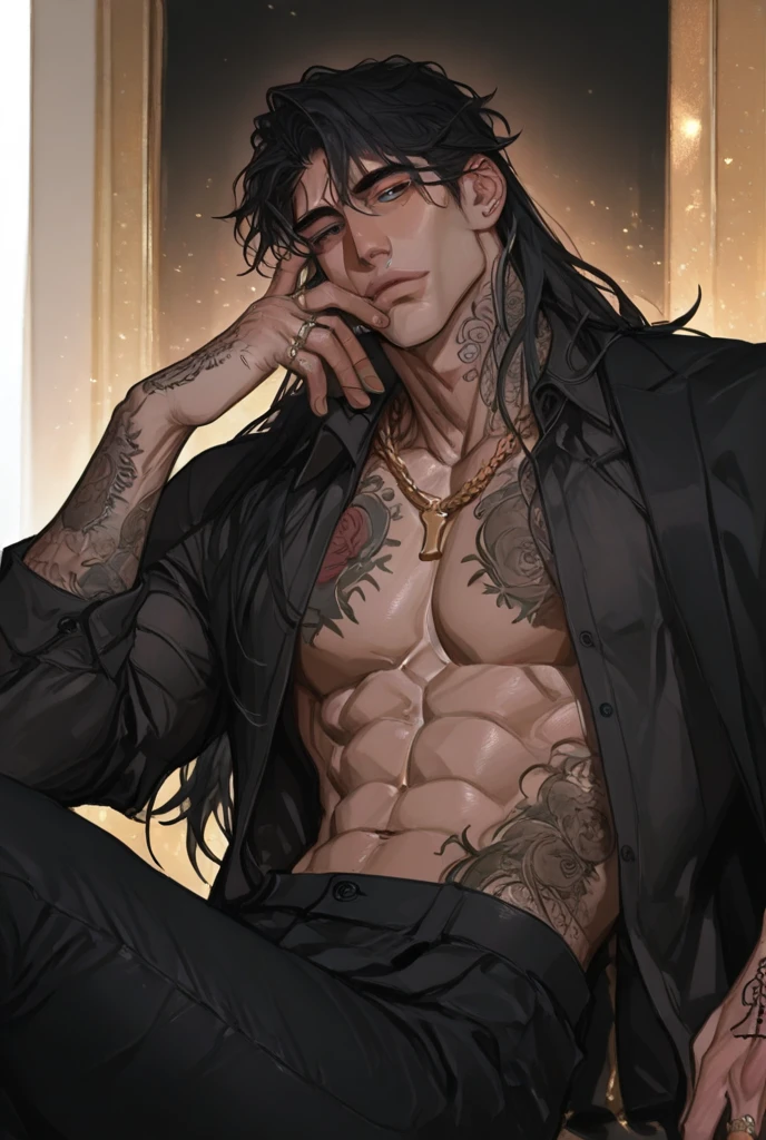 ((best quality)), ((masterpiece)), (detailed), perfect face, black hair, long hair, man, male, tattoos, piercings, slim, elf, dancer