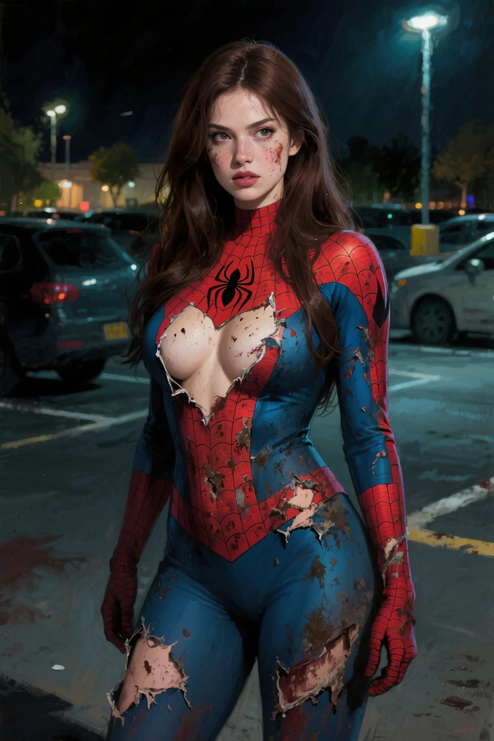 Bryce Dallas Howard、マーベル・コミック映画のPoster, Very beautiful, Movies about Spiderman, sexy, whole body, I'm wearing a skirt、Premiere date, Poster、belly buttonを突き出す、new york、She's wearing a torn Spider-Man suit,The suit is torn、Wearing a skirt、 Red and black color scheme,dynamic、masterpiece、highest quality、Ultra-detailed、Very detailed、A delicate and beautiful shine、超A high resolution、Cinematic,Break,Breakdrop,(Torn clothes:1.5), (Wet clothes:1.4), Bare shoulders,Real Rain,Wet Hair,belly button、Exposing Skin、sexyな肩を見せてる