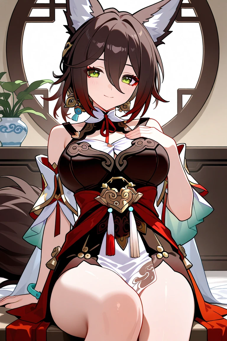 masterpiece, best quality, very aesthetic, absurdres, 1girl, mature_lady,,1girl, tingyun \(honkai: star rail\), honkai \(series\), animal ears, fox ears, green eyes, breasts, brown hair, fox girl, tail, hair between eyes, fox tail, long hair,Wallpaper Fusion, dappled sunlight, day, flower, hydrangea, leaf, light rays, nature, outdoors, path, plant, purple flower, scenery, stairs, sunlight, torii, tree, wisteria,glowing stardust frontground,fantasy,sparkling,fireflies,from above